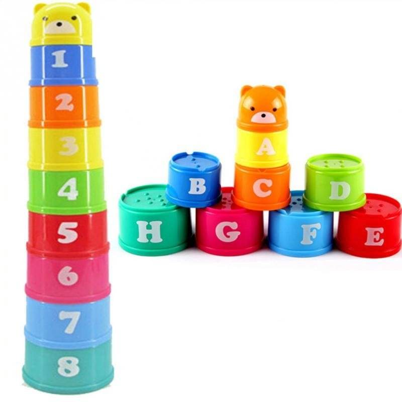 9Pcs/set Excellent Baby Children Kids Educational Toy New building block Figures Letters Folding Cup Pagoda Gift - Mubimart
