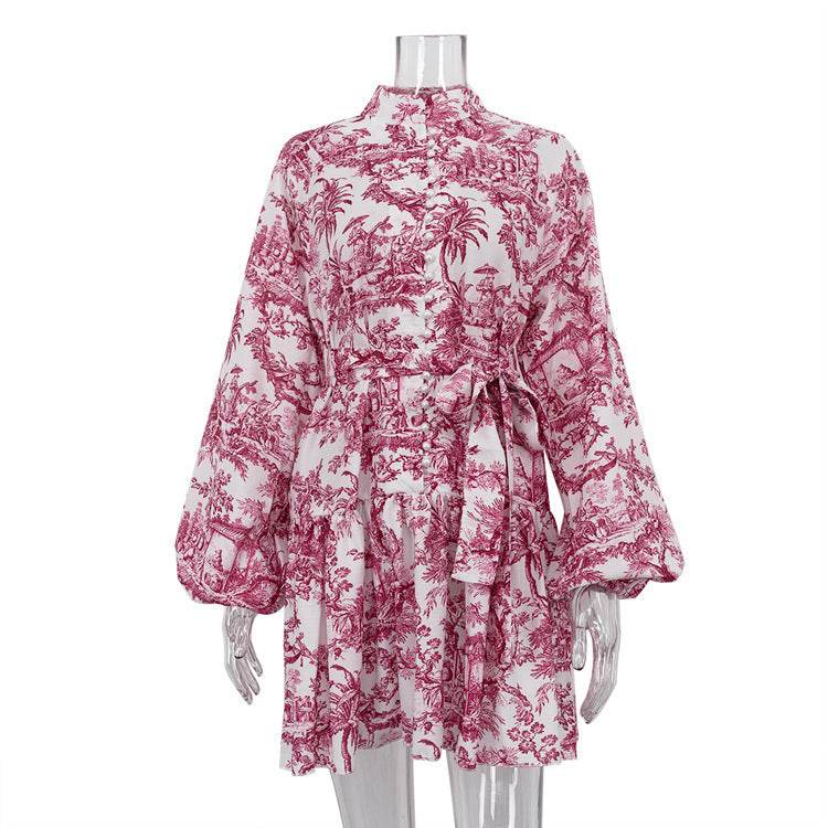 Ink Print Long Sleeve Short Dress With Fashion Puffy Sleeve Lapel Tie A-Line Dress Clothing - Mubimart