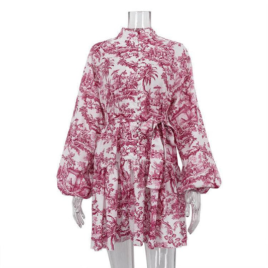 Ink Print Long Sleeve Short Dress With Fashion Puffy Sleeve Lapel Tie A-Line Dress Clothing - Mubimart