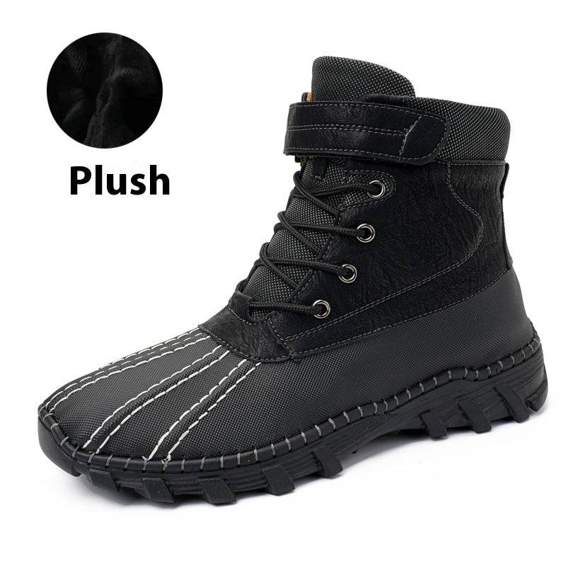 Winter Fleece Lace-up Snow Boots For Men Women Waterproof And Anti-slip Outdoor Work Boot Fashion Warm Mid-tube Cotton Shoes Men - Mubimart