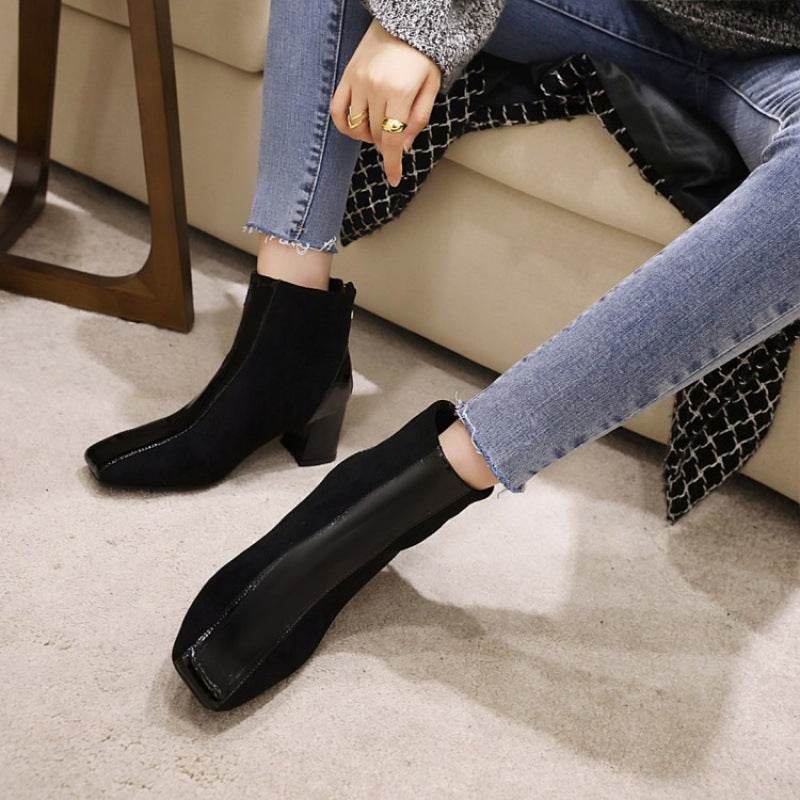 Fashion Ladies Square Toe Thick Heel Boots - Mubimart