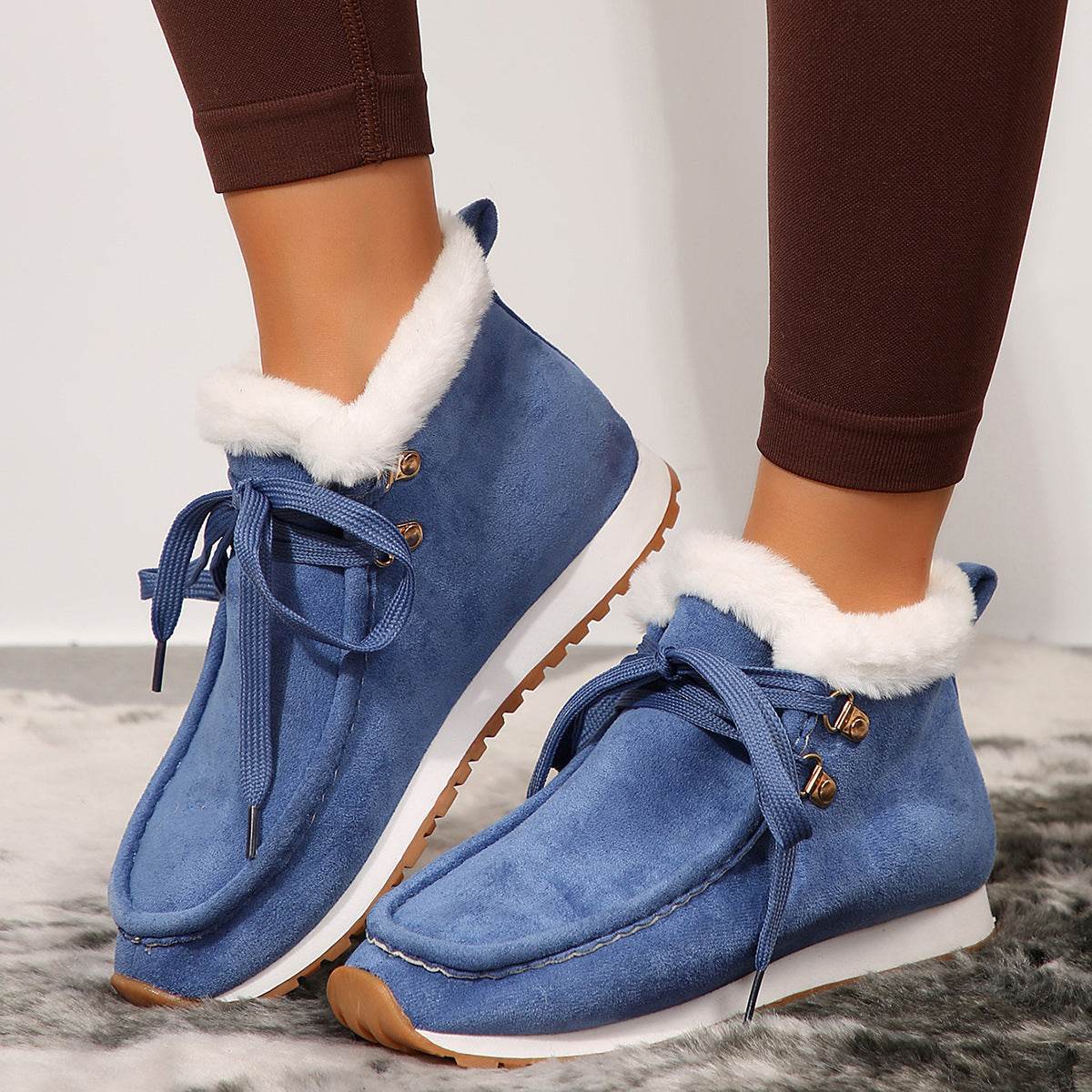 Winter Lace-up Snow Boots Casual Warm Plush Flat Shoes Women's Fleece Ankle Boot - Mubimart