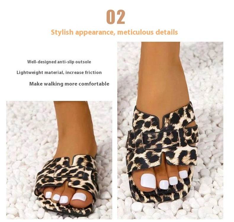 Leopard Print Square Head Women's Slipper - Mubimart