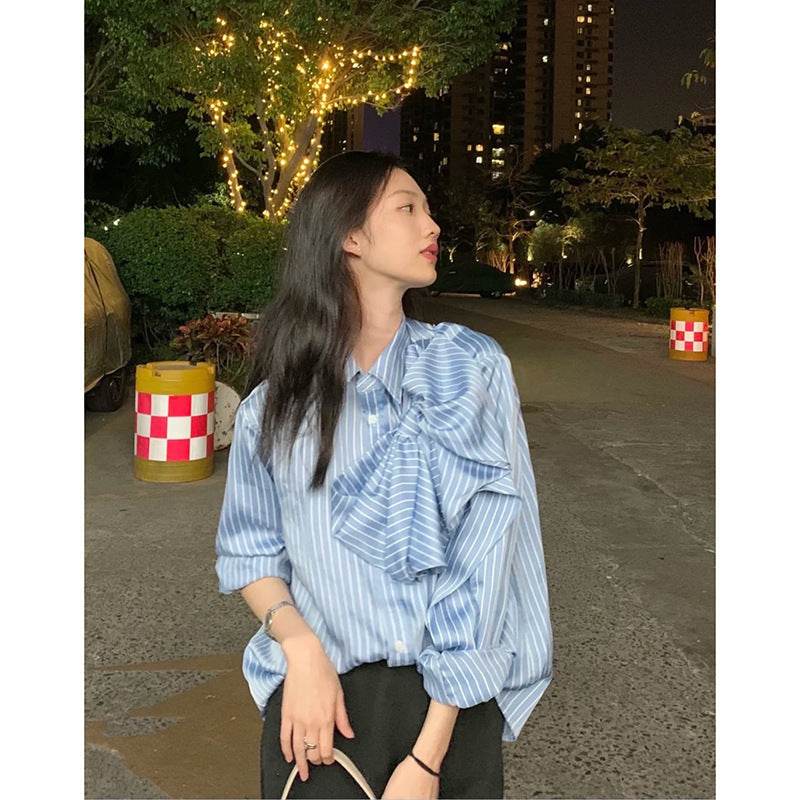 Casual Blue Striped Shirts For Women Lapel Long Sleeve Korean Bowknot Patchwork Blouses - Mubimart