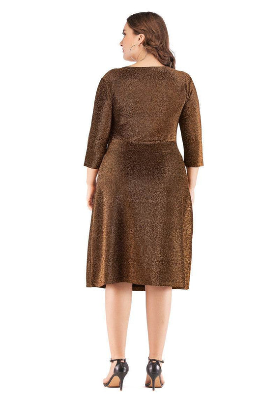 Plus Size V-neck 34 Sleeves High Waist Midi Skirt Bright Silk Party Dress - Mubimart