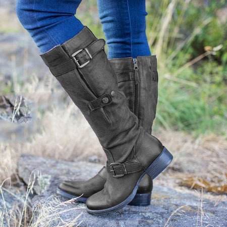 Round Head Casual Low Heel Tall Knight Boots - Mubimart