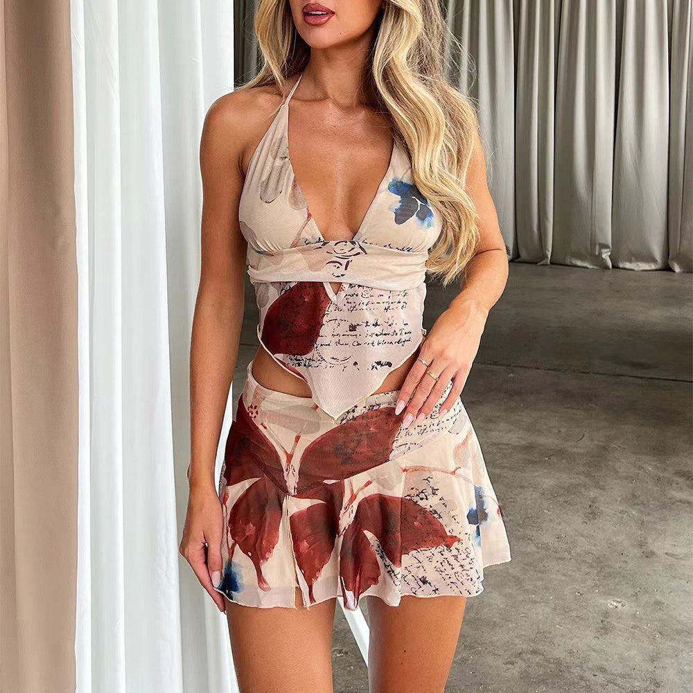 2Pcs Printed Suit Summer Sexy V-neck Halter Top And Pleated Short Skirt Women's Dress Set Clothing - Mubimart - Corset dress 