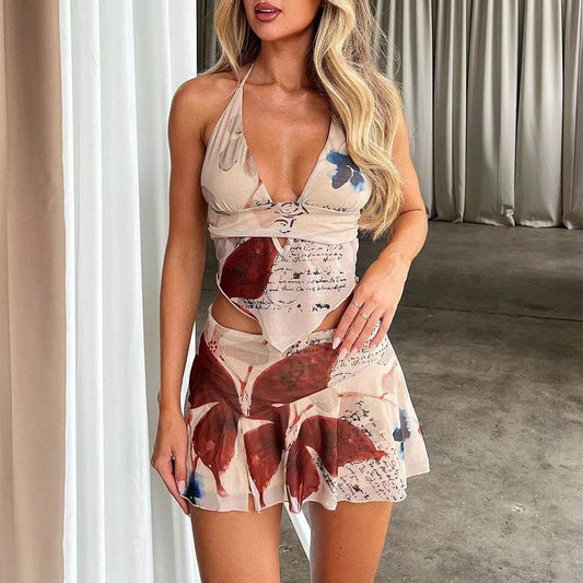 2Pcs Printed Suit Summer Sexy V-neck Halter Top And Pleated Short Skirt Women's Dress Set Clothing - Mubimart