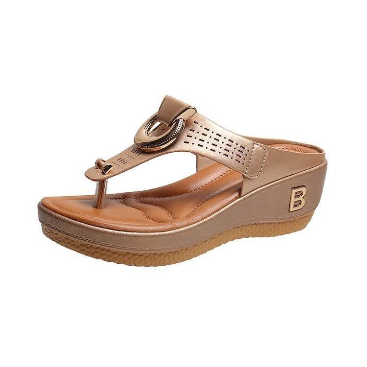 Thong Sandals Women High Heel Wedges Shoes Flip Flops Metal Decorative Slides Slippers - Mubimart
