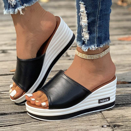 Fish Mouth Wedges Sandals Summer Fashion Hollow Design High Heels Slides Slippers Casual Beach Shoes For Women - Mubimart