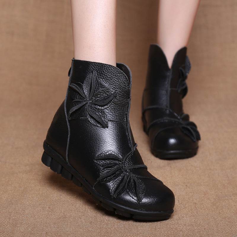 New Genuine Leather Mom Booties Women's Flat Bottom Comfort Ethnic Style Women's Boots - Mubimart