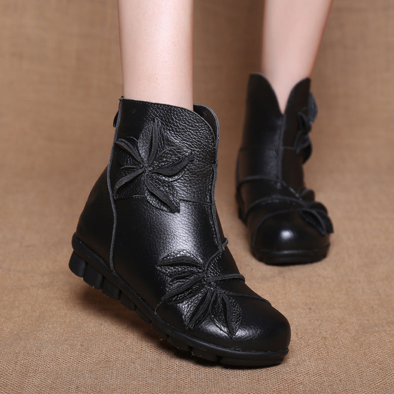 New Genuine Leather Mom Booties Women's Flat Bottom Comfort Ethnic Style Women's Boots