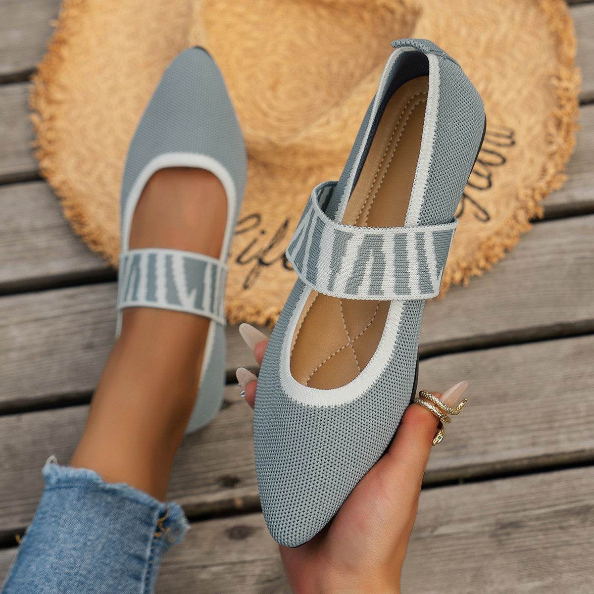 Striped Flats Shoes Fashion Casual Pointed Toe Loafers Lazy Shoes For Women - Mubimart