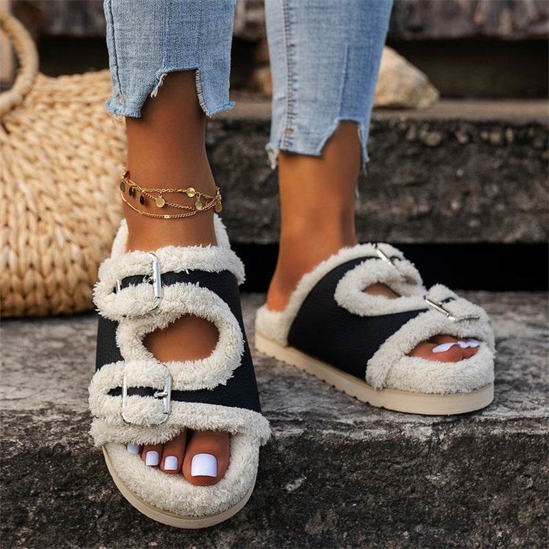 Autumn Winter Slipper Thick Sole Buckle Lamb Swool Slippers For Women Outdoor Gardern Indoor Lazy Plush Shoes - Mubimart