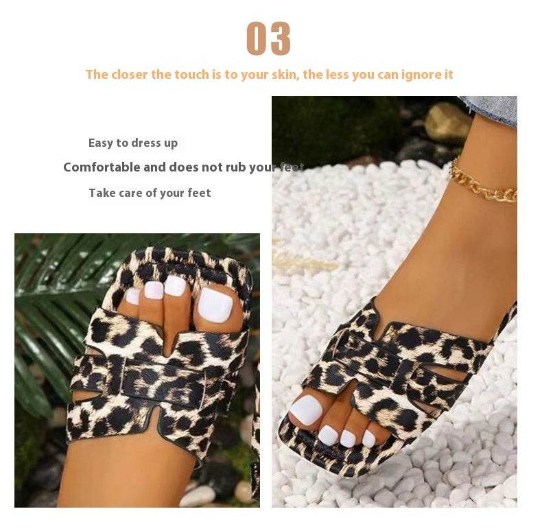 Leopard Print Square Head Women's Slipper - Mubimart