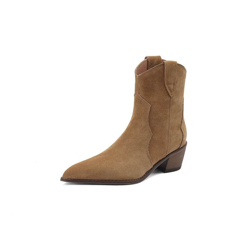 Pointed Toe Chunky Mid Heel Booties Fashion Matte Leather Boots - Mubimart