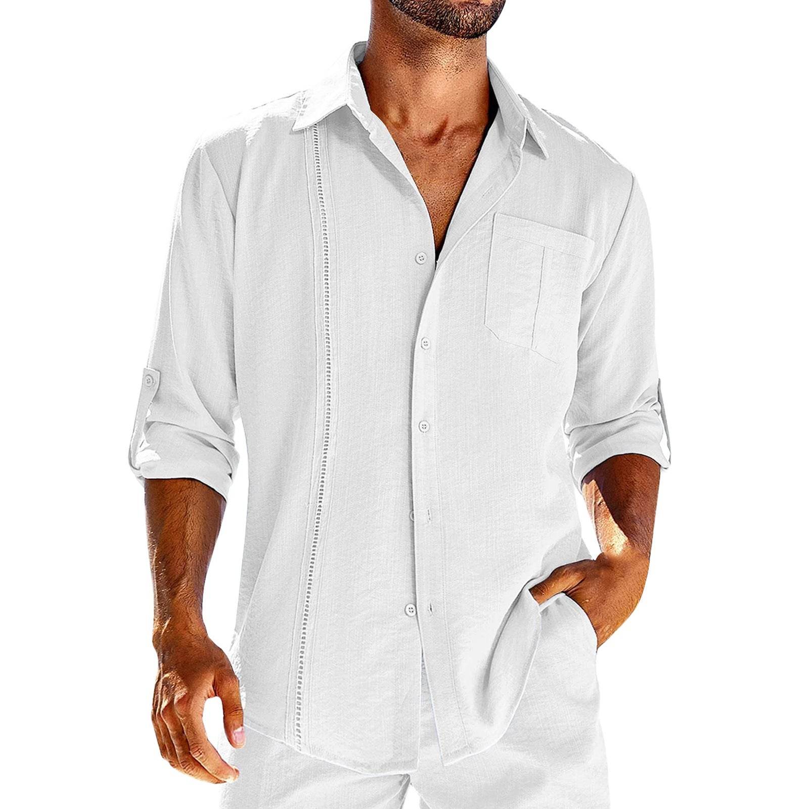 Casual Long Sleeve Shirt With Pocket Lace Polo Collar Solid Color Button Mens Clothing - Mubimart
