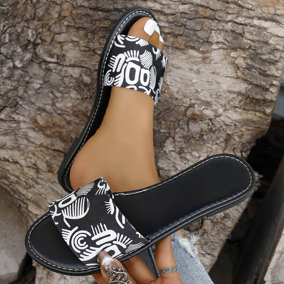 New Fashion Graffiti Print Sandals For Women Summer Round Toe Low Heel Flat Slippers For Women Slides Casual Beach Shoes - Mubimart