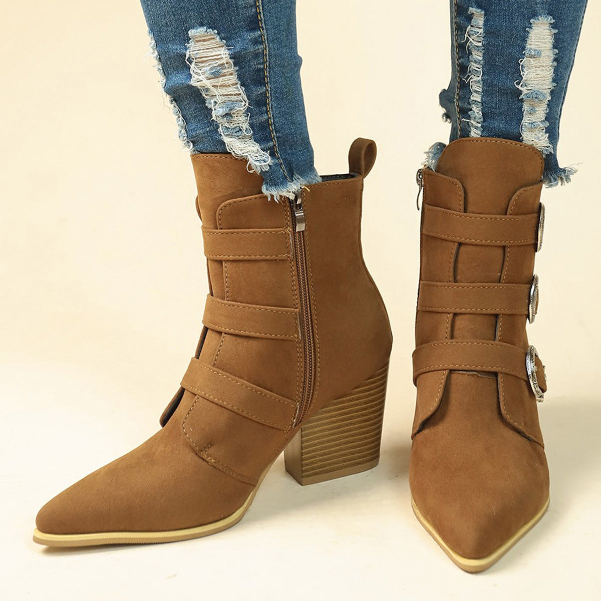 Stiefel mit klobigem Absatz und spitzer Spitze und Gürtelschnallen-Design im Retro-Stil, Stiefel bis zur Mitte der Wade, modische Herbst-/Winterschuhe für Damen