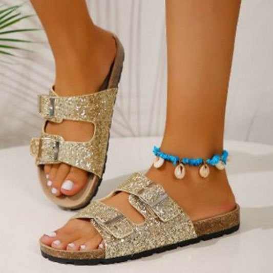 Double Buckle Sandals For Women New Fashion Sequined Beach Shoes Summer Leisure Outdoor Slippers Slides - Mubimart