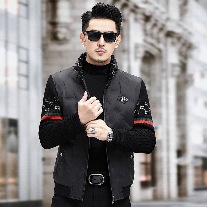 Down Jacket Men's Stand Collar Knitted Sleeve Casual Duck Down Coat - Mubimart