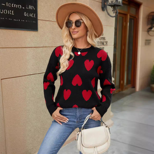 Knitted Jacquard Round Neck Pullover Long Sleeve Sweater Coat Sweater Women