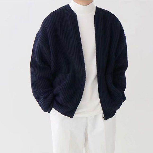 Men Zip Up Knitted Cardigan Lined Funnel Neck Jumper Sweater Pockets Coat All Seasons Comfortable Soft Long Sleeve - Mubimart