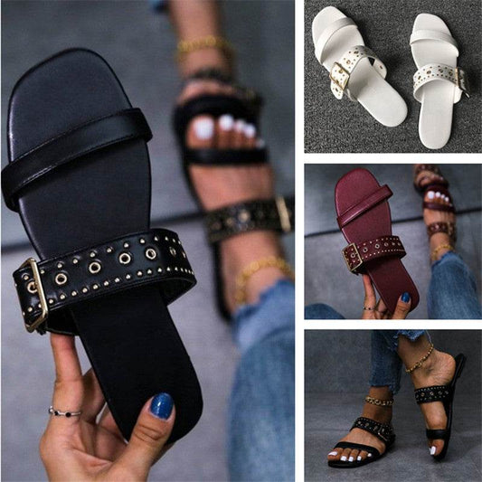 Summer Metal Decoration Slides Square Heel Non-slip Sandals Slippers - Mubimart