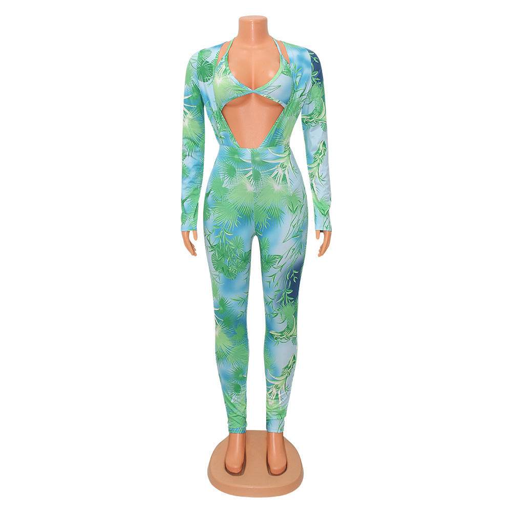 Women's Fashion Bodysuit Print Bodysuit Long Sleeve Pants Set - Mubimart
