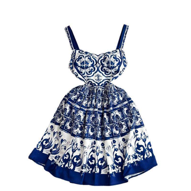 Retro Printing Slip Dress Women - Mubimart