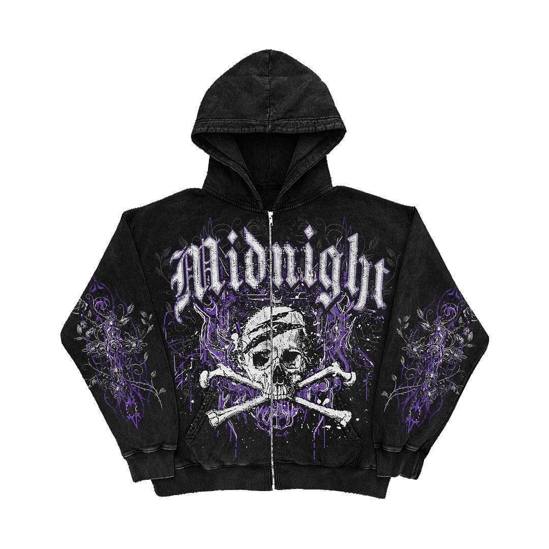 Female American Skeleton Printed Zipper Hoodie - Mubimart