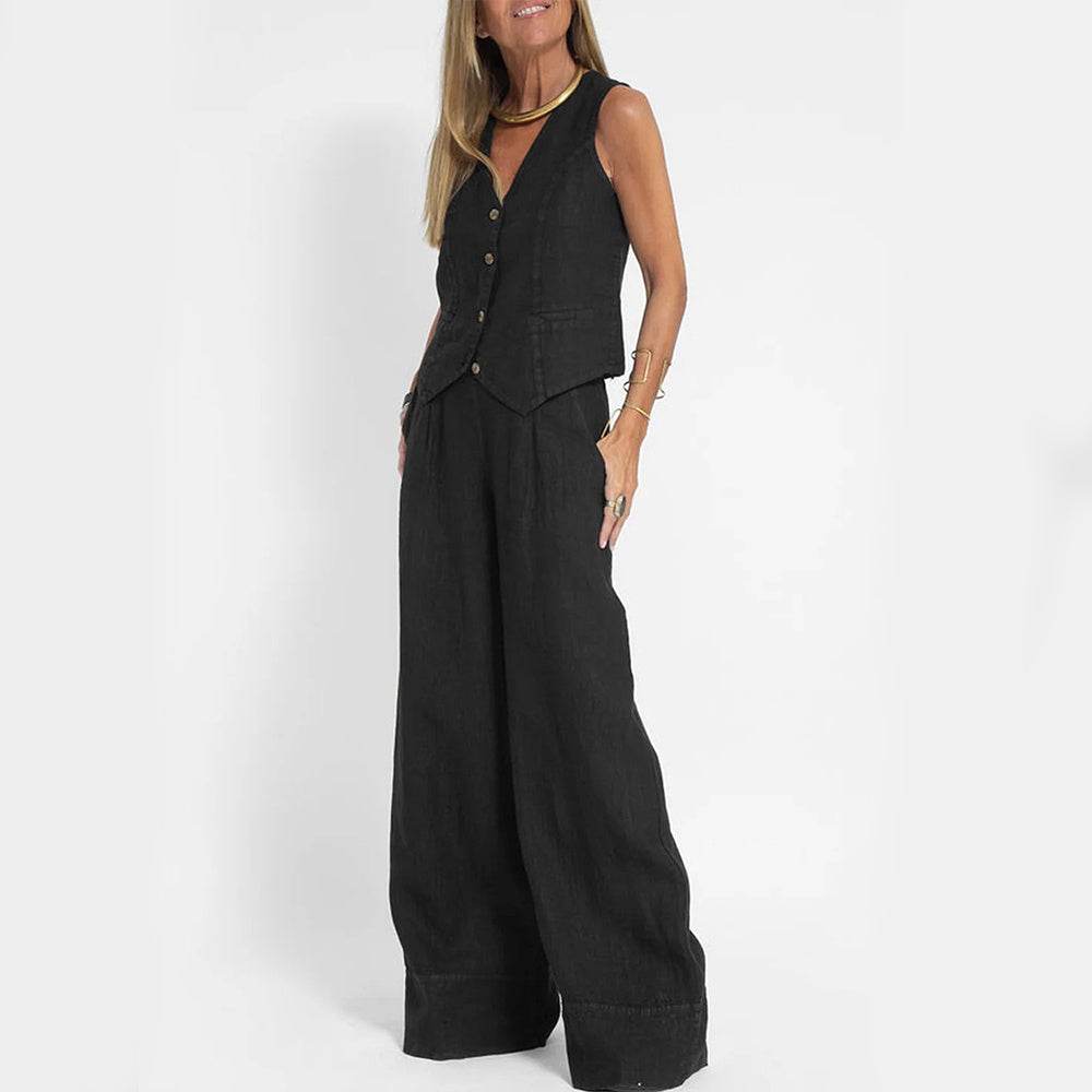 Summer Vest Suits V-neck Botton Sleeveless Top And Loose Straight Trousers Casual Womens Clothing - Mubimart