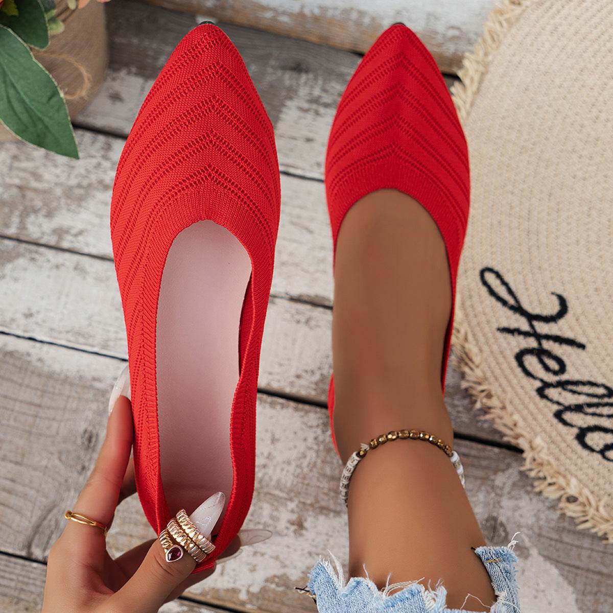 Pointed Toe Bottom Flat Heel Casual Knitted Shoes - Mubimart