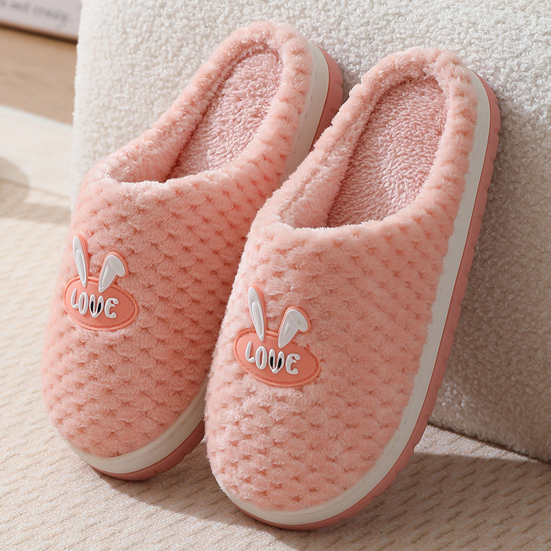 Cute Rabbit Plaid Design Home Slippers Winter Warm Thick-soled Cotton House Shoes For Women Indoor Non-slip Solid Couple Plush Slipper - Mubimart -  