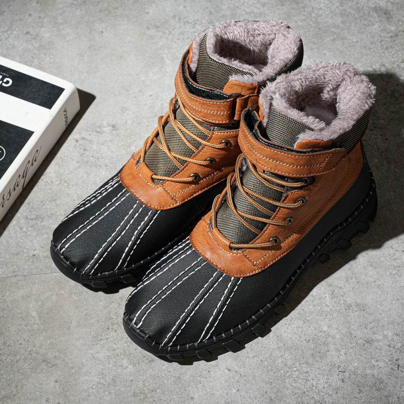 Winter Fleece Lace-up Snow Boots For Men Women Waterproof And Anti-slip Outdoor Work Boot Fashion Warm Mid-tube Cotton Shoes Men - Mubimart
