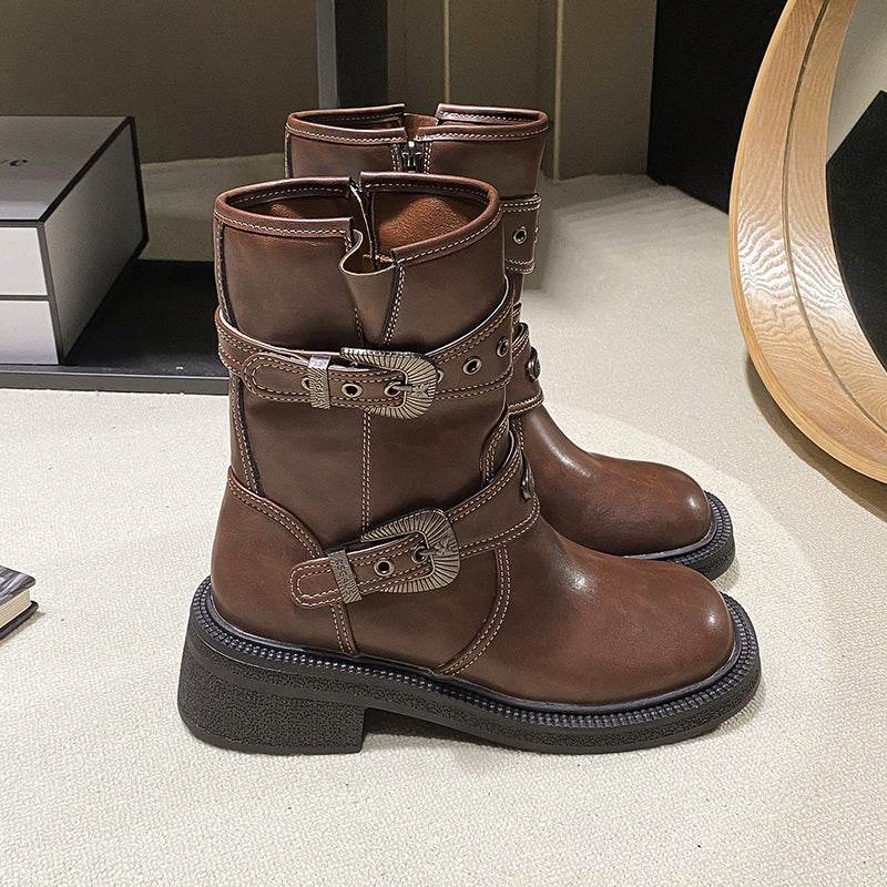 Brown Women's Ankle Boots Retro Square Toe - Mubimart