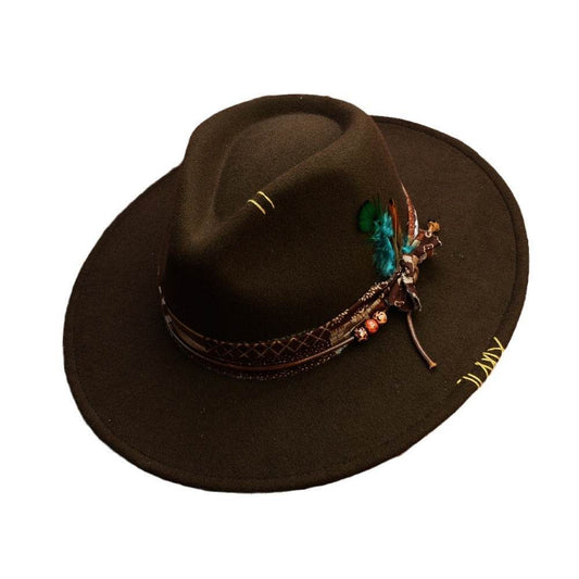 Western Original Design Manual Sewing Needle Woolen Felt Hat High-end And Fashionable Feather Model Fedora Hat - Mubimart