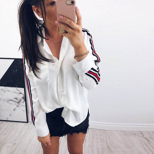 Blouse Women Casual White Stripe Long Sleeve Botton Shirt - Mubimart