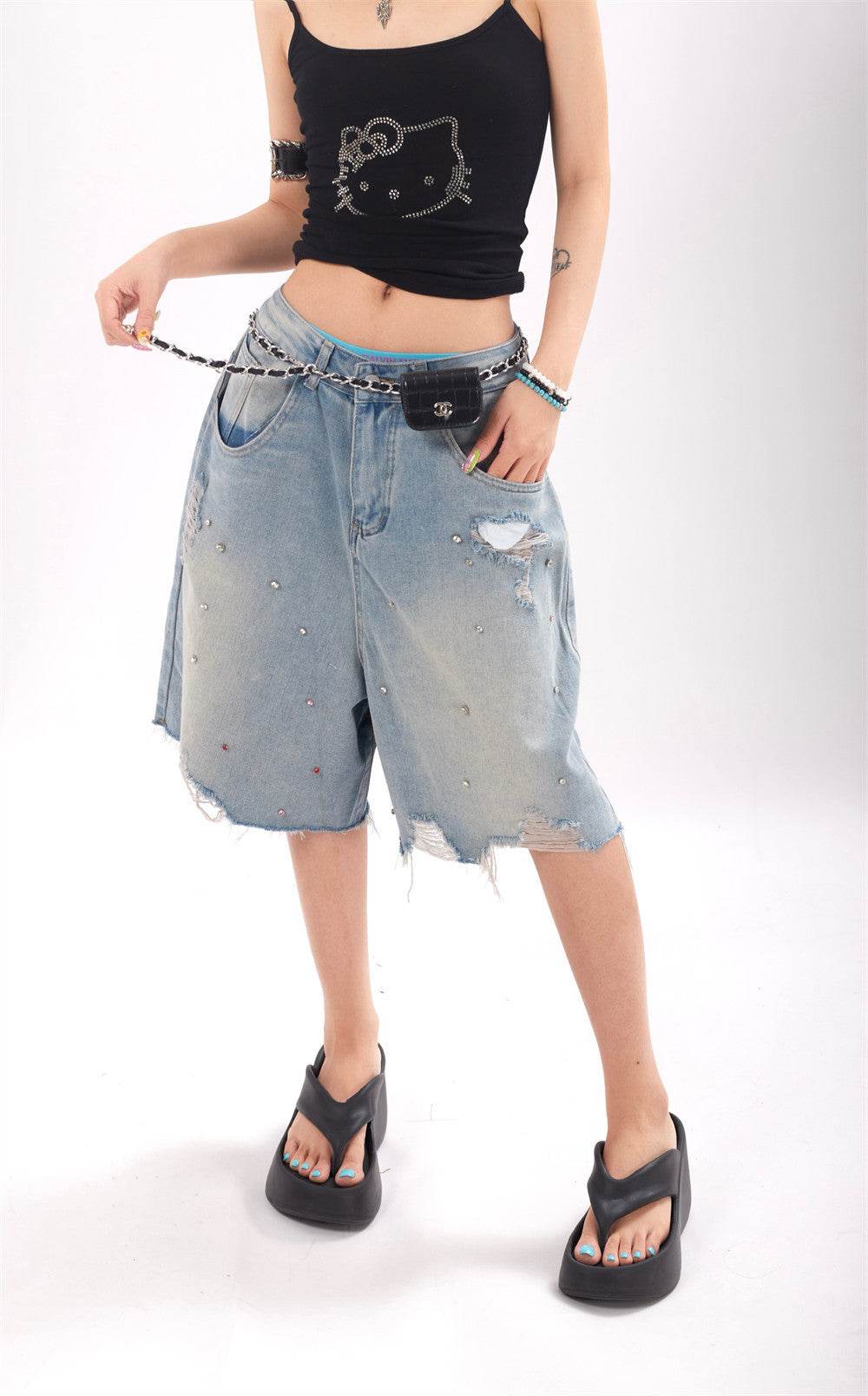 Ripped Denim Shorts For Men And Women - Mubimart