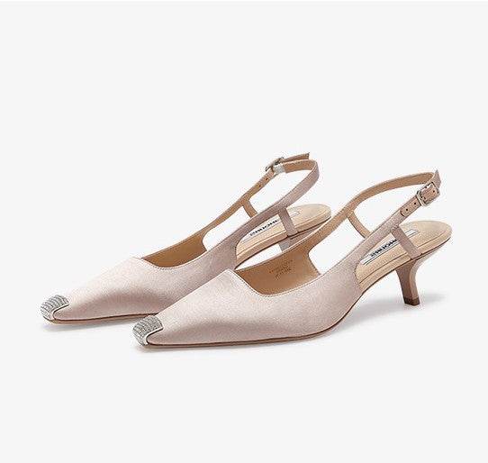 Rhinestone Square Toe Temperament Kitten Heel Shoes - Mubimart