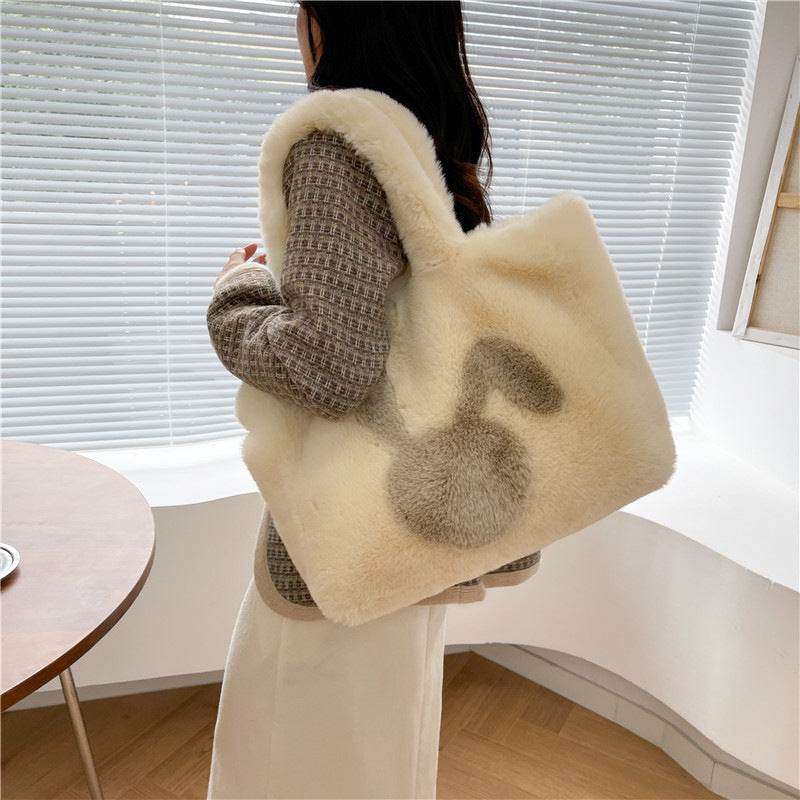 Cute Cartoon Rabbit Ears Plush Bag Autumn And Winter Shoulder Bag Shopping Handbags Large Capacity Personalized Tote Bags For Women - Mubimart