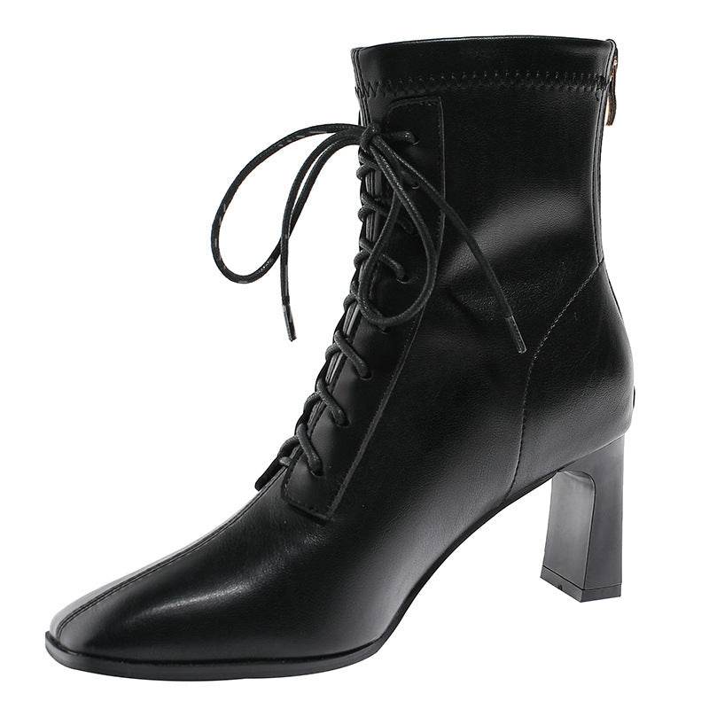 Square Toe High Heel Boots PU Leather Women Ankle Boots - Mubimart