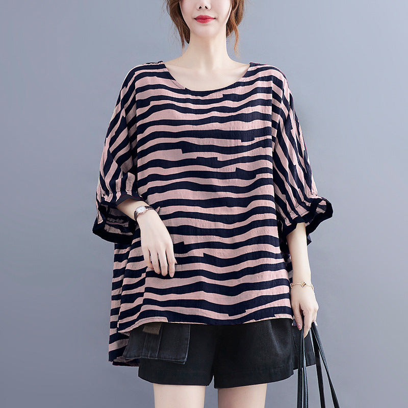 Summer Women's Loose Plus Size Striped Batwing Sleeve T-shirt - Mubimart -  