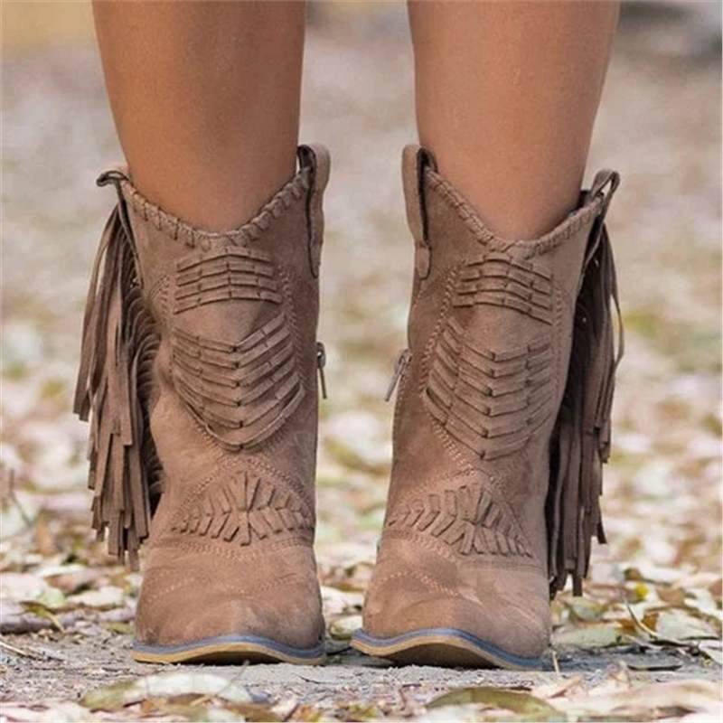 Mid-calf Chunky Heel Women's Side Zipper Boots - Mubimart