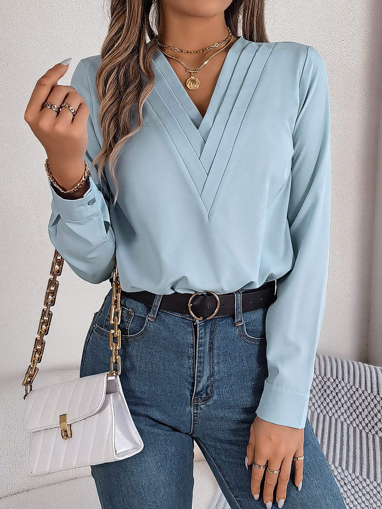 Fashion V-Neck Long Sleeve Shirt Elegant Commuter Solid Blouse Office Women's Clothing - Mubimart