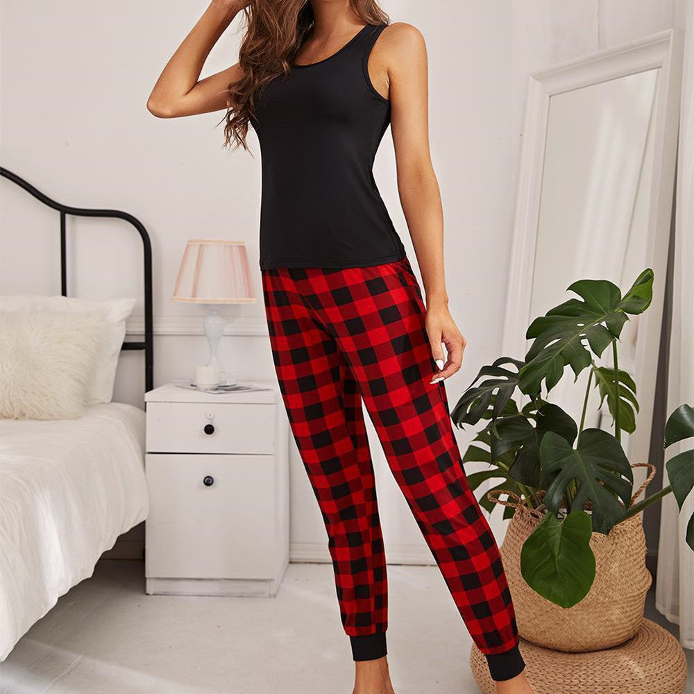 Women's Tank Top Plaid Pajama Pants Set - Mubimart - Pajama 