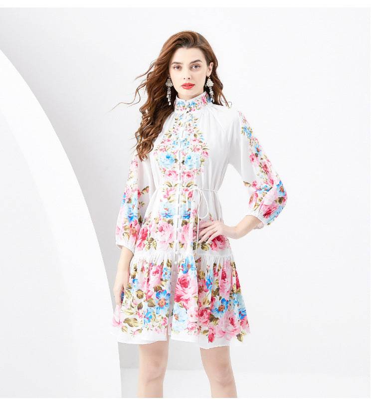 French Retro Printed Formal Dress - Mubimart