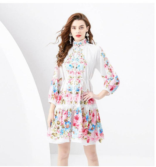 French Retro Printed Formal Dress - Mubimart