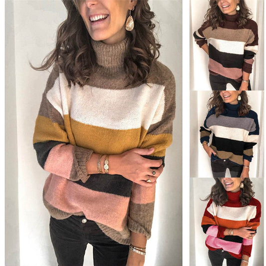 Turtleneck Stitching Knitted Sweater OL Large Size Striped Sweater - Mubimart