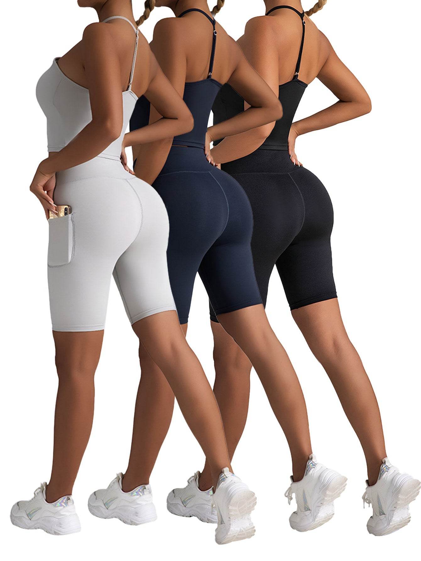 3 Pack Biker Shorts With Pockets High Waist Tummy Control Running Workout Polymide Gym Volleyball Yoga Shorts - Mubimart